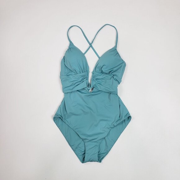 Becca Bristol Plunge One-Piece Cutout Crisscross Swimsuit Mineral Blue Size S - Picture 7 of 16